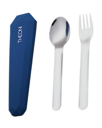 Theoni On The Go Stainless Steel Spoon & Fork Set-With Silicone Case-Navy Blue-For Infants