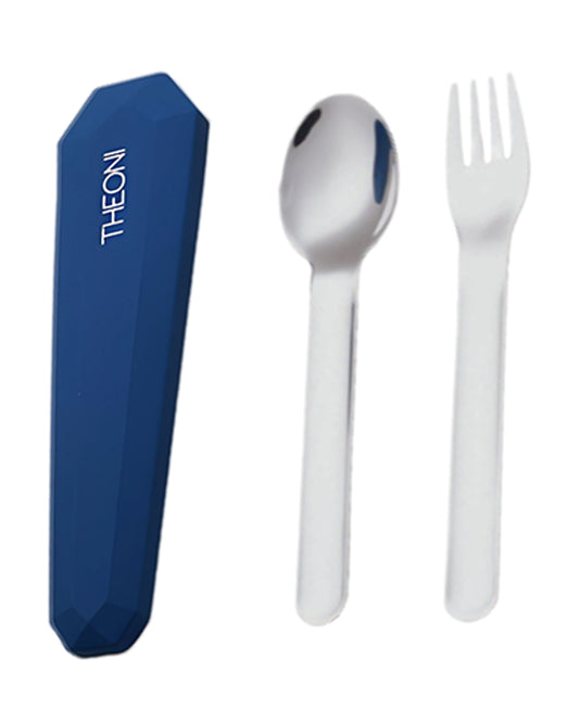 Theoni On The Go Stainless Steel Spoon & Fork Set-With Silicone Case-Navy Blue-For Infants