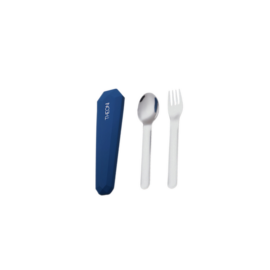 Theoni On The Go Stainless Steel Spoon & Fork Set-With Silicone Case-Navy Blue-For Infants