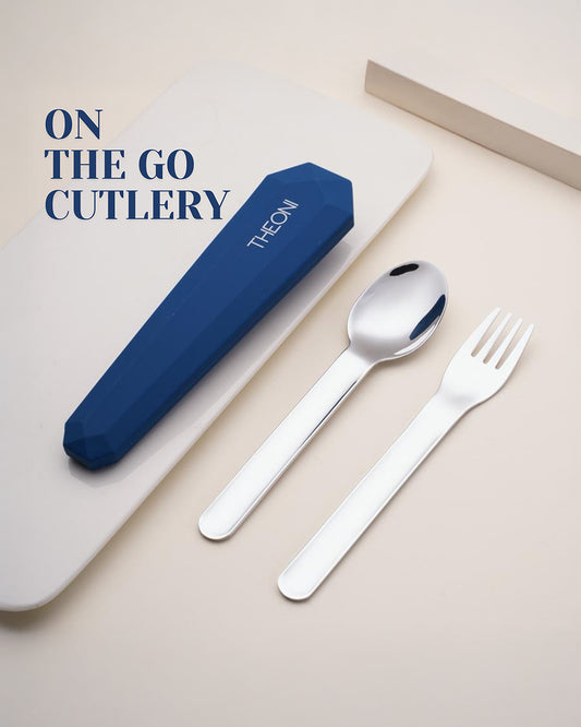 Theoni On The Go Stainless Steel Spoon & Fork Set-With Silicone Case-Navy Blue-For Infants