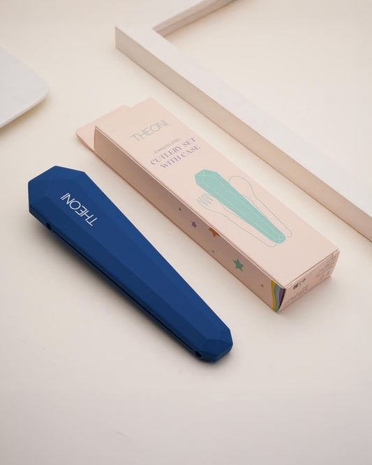 Theoni On The Go Stainless Steel Spoon & Fork Set-With Silicone Case-Navy Blue-For Infants