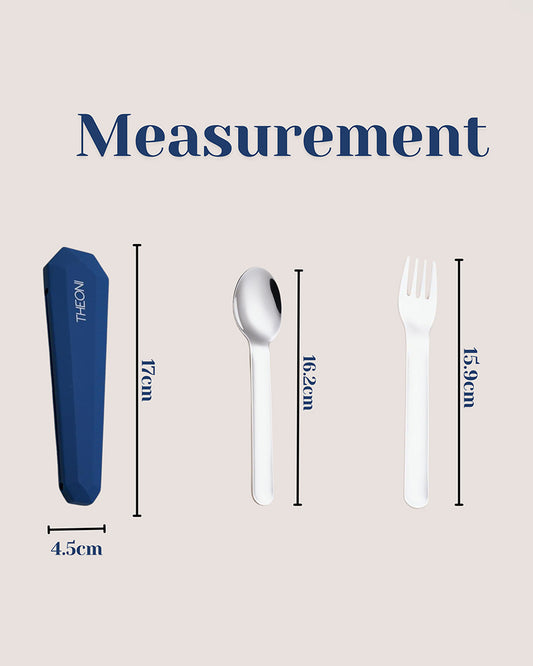 Theoni On The Go Stainless Steel Spoon & Fork Set-With Silicone Case-Navy Blue-For Infants