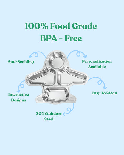Theoni Stainless Steel Aeroplane Shape Plate-4 Compartments-BPA-Free & Dishwasher Safe-For Feeding