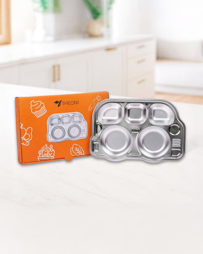 Theoni Stainless Steel Bus Shape Plate-5 Compartments-BPA-Free & Dishwasher Safe-For Feeding