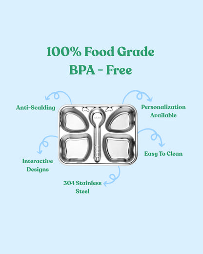 Theoni Stainless Steel Butterfly Shape Plate-4 Compartments-BPA-Free & Dishwasher Safe-For Feeding