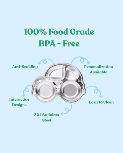 Theoni Stainless Steel Car Shape Plate-4 Compartments-BPA-Free & Dishwasher Safe-For Feeding
