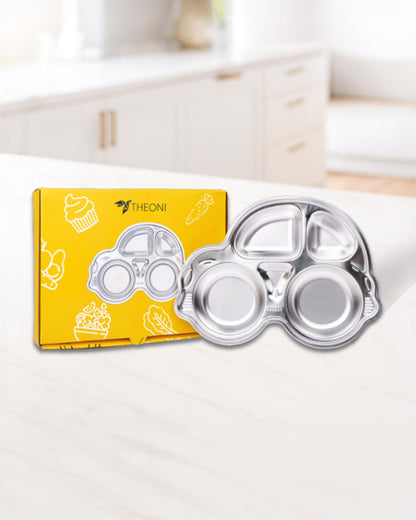 Theoni Stainless Steel Car Shape Plate-4 Compartments-BPA-Free & Dishwasher Safe-For Feeding