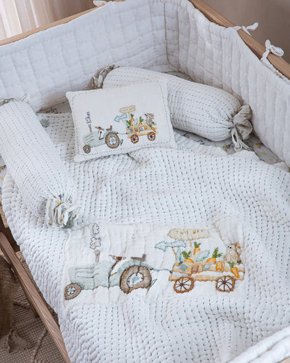 Aplito Baby Bedding Set-Harvest Hayride-Hand Embroidered-100% Organic Muslin Cotton-White-For Infants