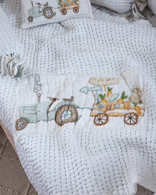 Aplito Baby Bedding Set-Harvest Hayride-Hand Embroidered-100% Organic Muslin Cotton-White-For Infants