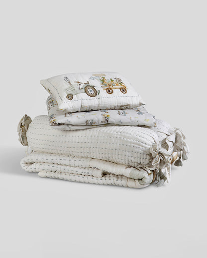 Aplito Baby Bedding Set-Harvest Hayride-Hand Embroidered-100% Organic Muslin Cotton-White-For Infants