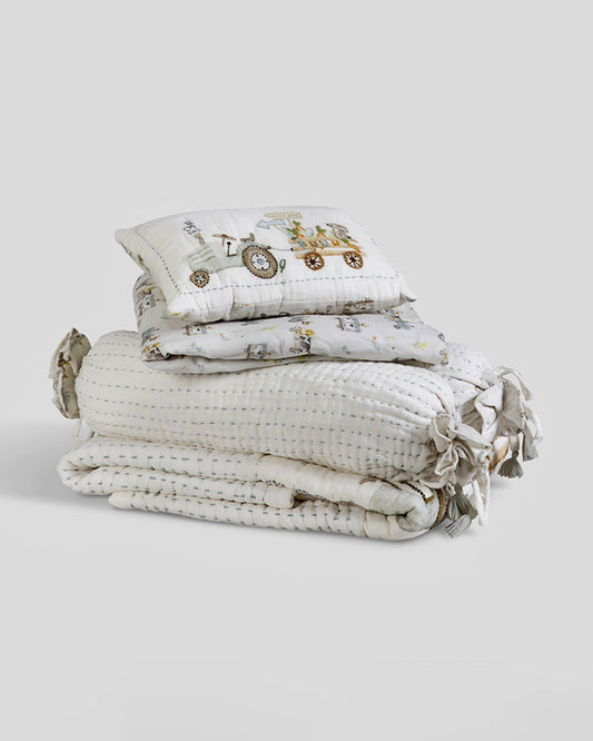 Aplito Baby Bedding Set-Harvest Hayride-Hand Embroidered-100% Organic Muslin Cotton-White-For Infants