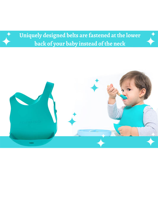 MinikOiOi Flexi Bib-With Unique Belt Fastening Design-Crumb Catcher-Aqua Green-For Infants