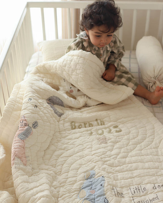 Aplito Baby Bedding Set-Hey Diddle Diddle-Hand Embroidered-Cotton Linen-Beige-For Infants