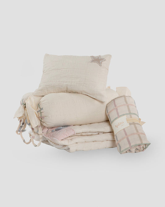 Aplito Baby Bedding Set-Hey Diddle Diddle-Hand Embroidered-Cotton Linen-Beige-For Infants