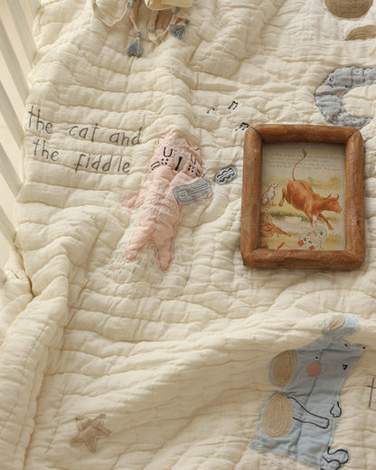 Aplito Baby Bedding Set-Hey Diddle Diddle-Hand Embroidered-Cotton Linen-Beige-For Infants