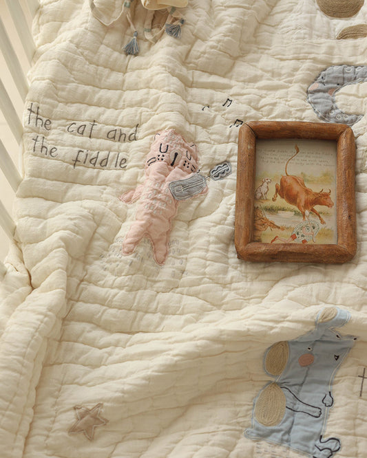 Aplito Baby Bedding Set-Hey Diddle Diddle-Hand Embroidered-Cotton Linen-Beige-For Infants