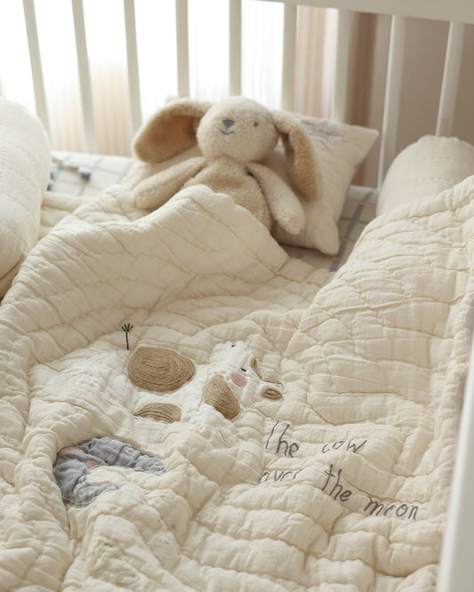 Aplito Baby Bedding Set-Hey Diddle Diddle-Hand Embroidered-Cotton Linen-Beige-For Infants