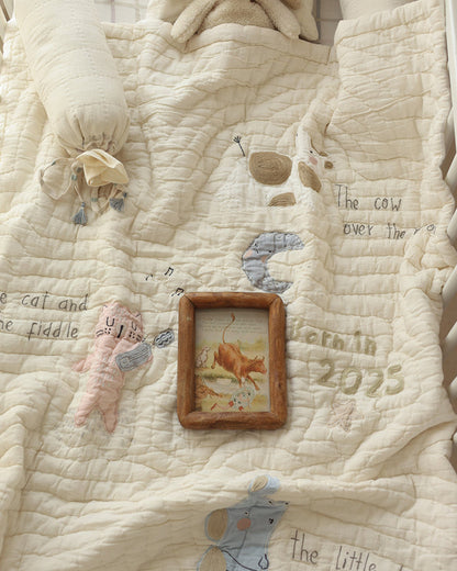Aplito Baby Bedding Set-Hey Diddle Diddle-Hand Embroidered-Cotton Linen-Beige-For Infants
