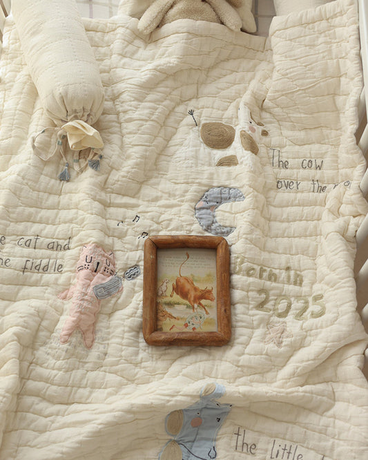 Aplito Baby Bedding Set-Hey Diddle Diddle-Hand Embroidered-Cotton Linen-Beige-For Infants