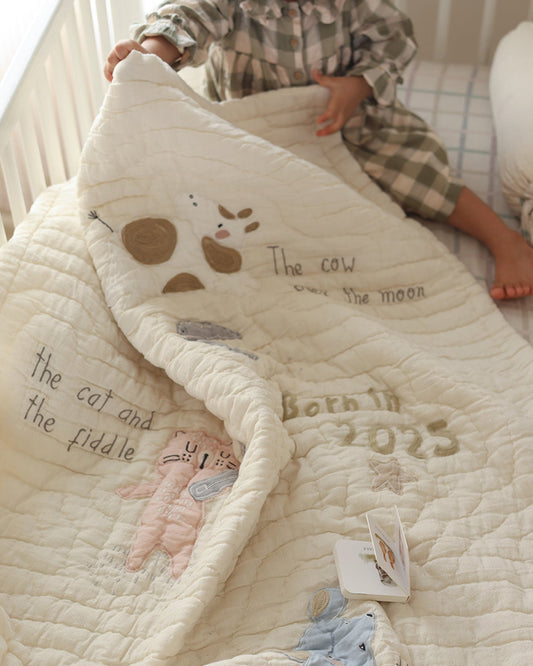 Aplito Baby Bedding Set-Hey Diddle Diddle-Hand Embroidered-Cotton Linen-Beige-For Infants