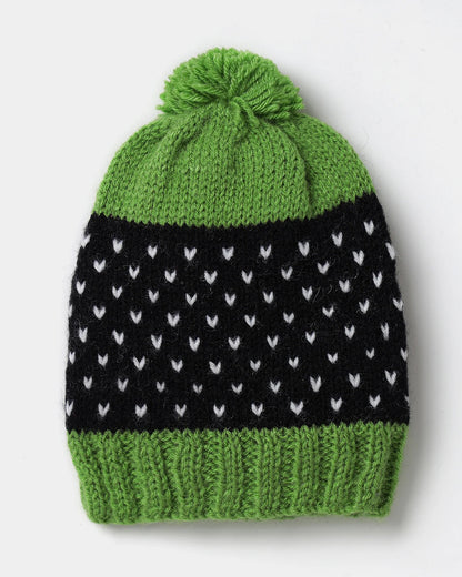 The Original Knit Green & Black Winter Wear Cap-crochet-handmade Yarn-For Infants