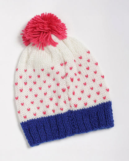 The Original Knit White & Blue Winter Wear Cap-Heart-Acrylic-For Infants