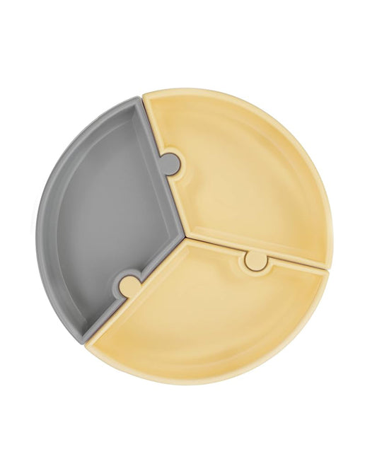 MinikOiOi Puzzle Plate-With Suction Base-3 Detachable Sections-Mellow Yellow & Powder Grey-For Feeding Infants