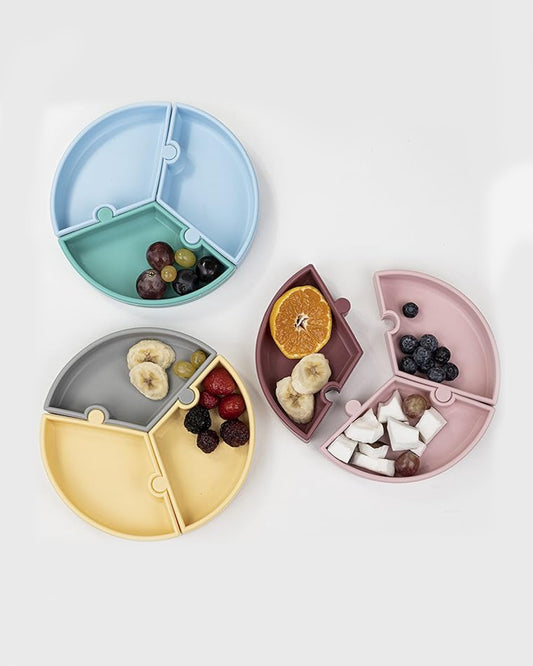 MinikOiOi Puzzle Plate-With Suction Base-3 Detachable Sections-Mellow Yellow & Powder Grey-For Feeding Infants