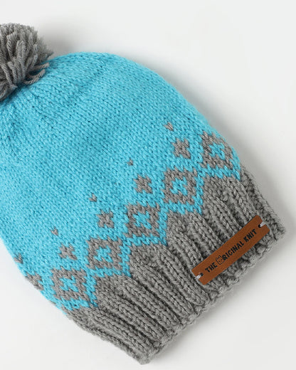 The Original Knit Blue & Grey Winter Wear Cap-Solid-Acrylic-For Infants
