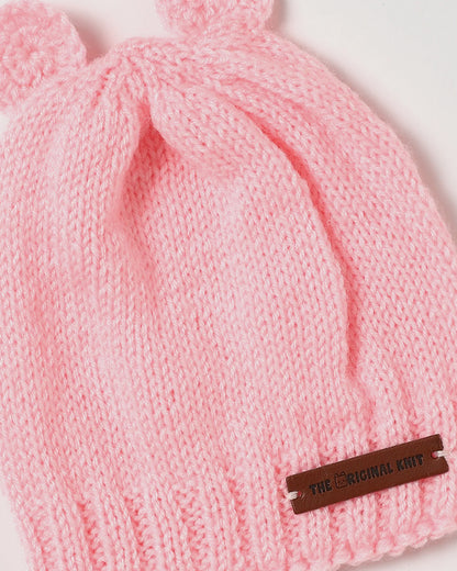 The Original Knit Pink Winter Wear Cap-Teddy Ear-Acrylic-For Infants