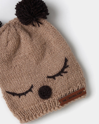 The Original Knit Beige & Brown Winter Wear Cap-Pom Pom-Acrylic-For Infants