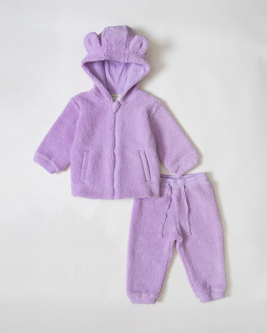 Twingle Faux Fur Winter Wear Hoodie & Jogger Set-100% Cotton Lining-Soft Adjustable Waistband-Long Sleeves-Solid-Lilac-For Infants