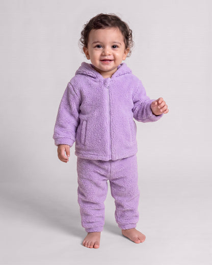 Twingle Faux Fur Winter Wear Hoodie & Jogger Set-100% Cotton Lining-Soft Adjustable Waistband-Long Sleeves-Solid-Lilac-For Infants