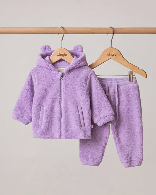 Twingle Faux Fur Winter Wear Hoodie & Jogger Set-100% Cotton Lining-Soft Adjustable Waistband-Long Sleeves-Solid-Lilac-For Infants