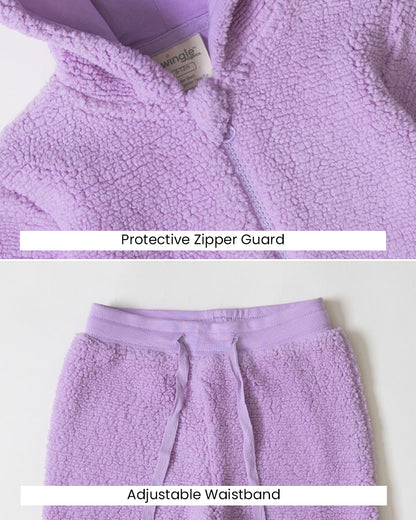 Twingle Faux Fur Winter Wear Hoodie & Jogger Set-100% Cotton Lining-Soft Adjustable Waistband-Long Sleeves-Solid-Lilac-For Infants
