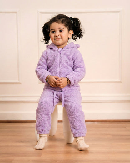 Twingle Faux Fur Winter Wear Hoodie & Jogger Set-100% Cotton Lining-Soft Adjustable Waistband-Long Sleeves-Solid-Lilac-For Infants