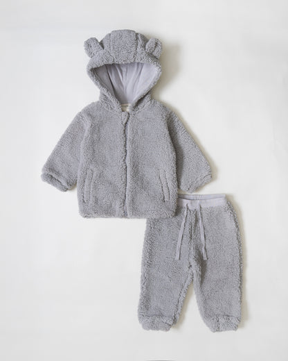 Twingle Faux Fur Winter Wear Hoodie & Jogger Set-100% Cotton Lining-Soft Adjustable Waistband-Long Sleeves-Solid-Grey-For Infants