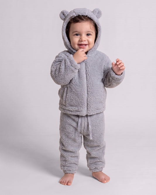 Twingle Faux Fur Winter Wear Hoodie & Jogger Set-100% Cotton Lining-Soft Adjustable Waistband-Long Sleeves-Solid-Grey-For Infants