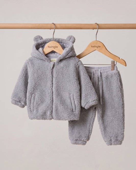 Twingle Faux Fur Winter Wear Hoodie & Jogger Set-100% Cotton Lining-Soft Adjustable Waistband-Long Sleeves-Solid-Grey-For Infants