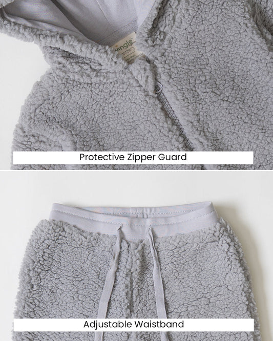 Twingle Faux Fur Winter Wear Hoodie & Jogger Set-100% Cotton Lining-Soft Adjustable Waistband-Long Sleeves-Solid-Grey-For Infants