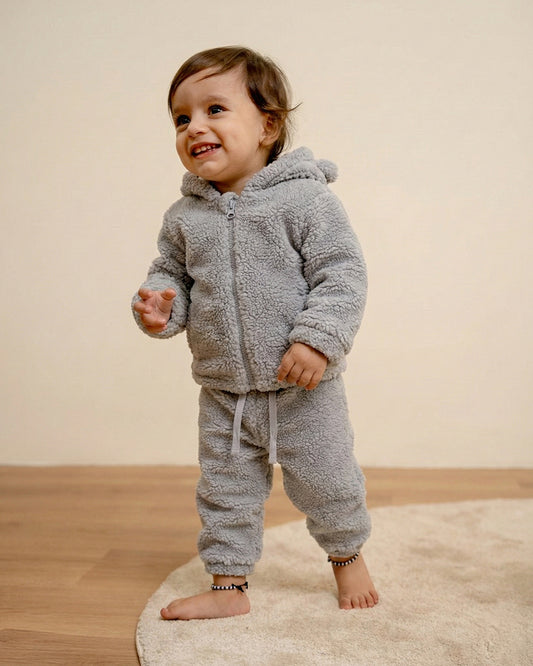 Twingle Faux Fur Winter Wear Hoodie & Jogger Set-100% Cotton Lining-Soft Adjustable Waistband-Long Sleeves-Solid-Grey-For Infants