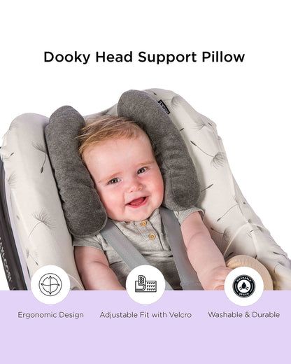 Dooky Head Support Pillow-Suitable For Strollers & Car Seats-With Adjustable Velcro Strap-For Better Head & Neck Support During Travel-For 0 to 5 Years-Grey
