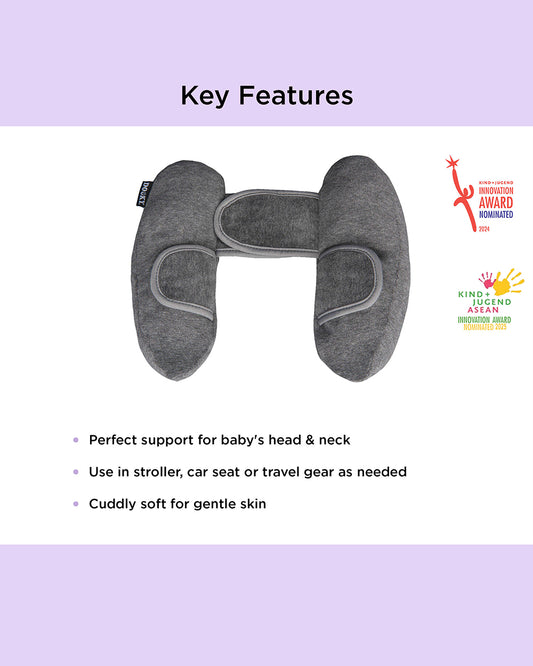 Dooky Head Support Pillow-Suitable For Strollers & Car Seats-With Adjustable Velcro Strap-For Better Head & Neck Support During Travel-For 0 to 5 Years-Grey