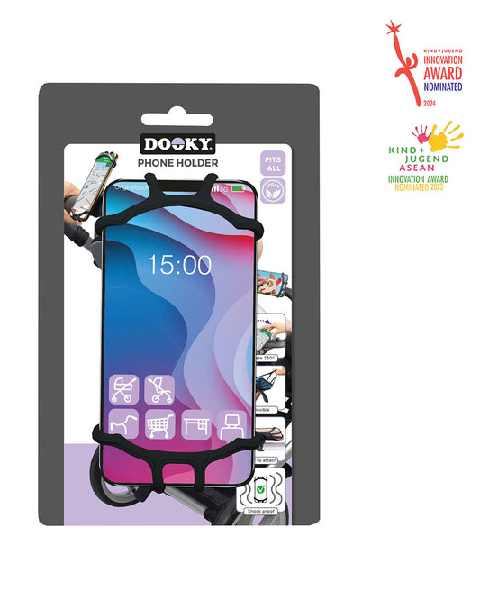 Dooky Universal Phone Holder-Fits Onto Stroller Handle Bars, Bumper Bars & Car Headrests-Shock Proof & 360 Degree Rotatable-Black
