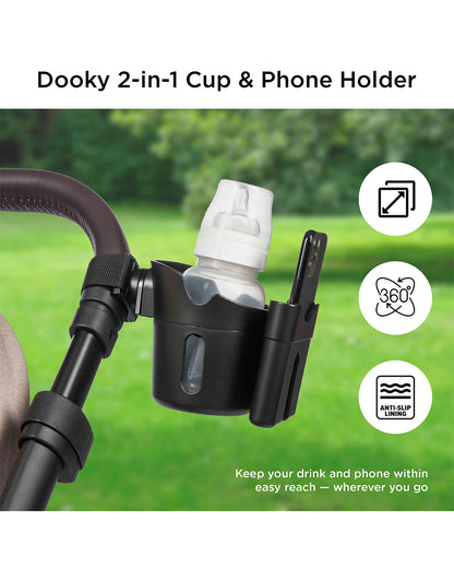 Dooky 2 in 1 Cup & Phone Holder-Clips Onto Stroller Handle Bars-Black