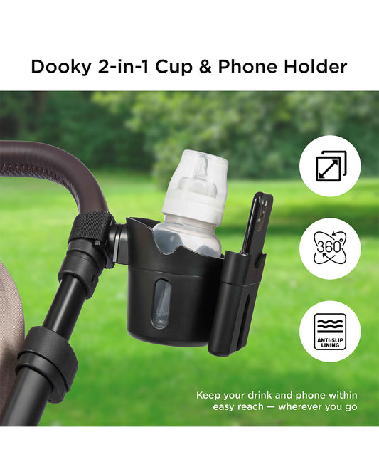 Dooky 2 in 1 Cup & Phone Holder-Clips Onto Stroller Handle Bars-Black