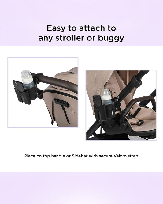 Dooky 2 in 1 Cup & Phone Holder-Clips Onto Stroller Handle Bars-Black