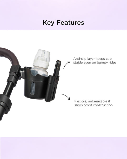Dooky 2 in 1 Cup & Phone Holder-Clips Onto Stroller Handle Bars-Black