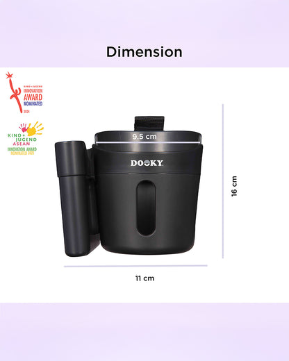 Dooky 2 in 1 Cup & Phone Holder-Clips Onto Stroller Handle Bars-Black