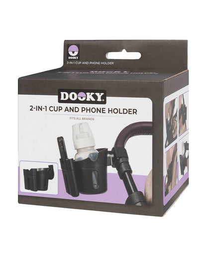 Dooky 2 in 1 Cup & Phone Holder-Clips Onto Stroller Handle Bars-Black